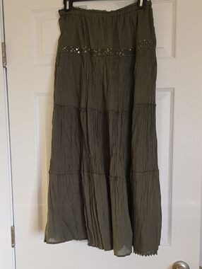 Encore Jeans Olive Green Tiered Maxi Skirt with Sequin Trim